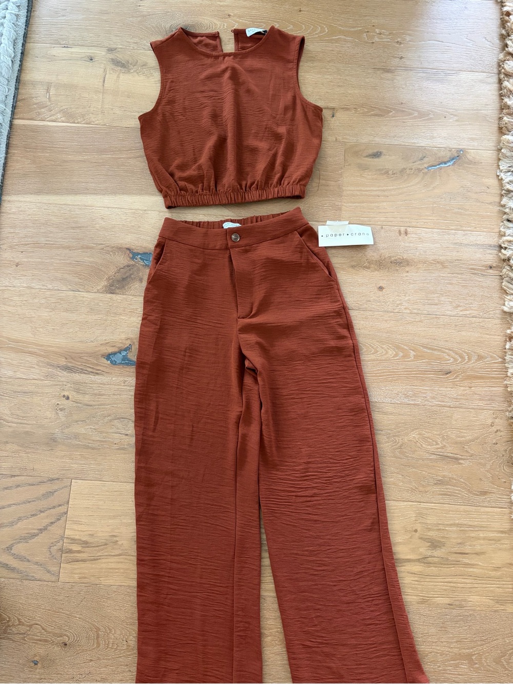 Paper Crane Rust Red Sleeveless Crop Top & Wide-Leg Pants Set